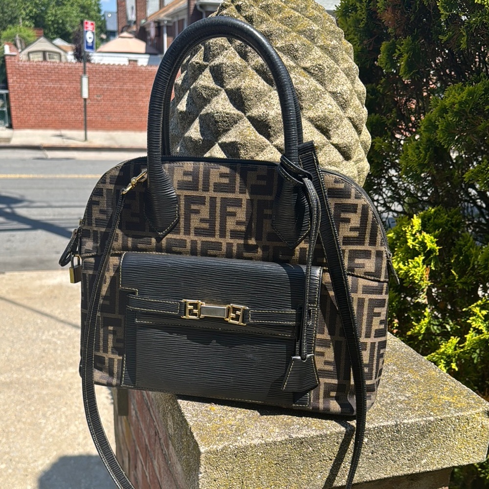 Fendi Zucca Black and Brown  Canvas Satchel with Iconic FF Monogram with COA